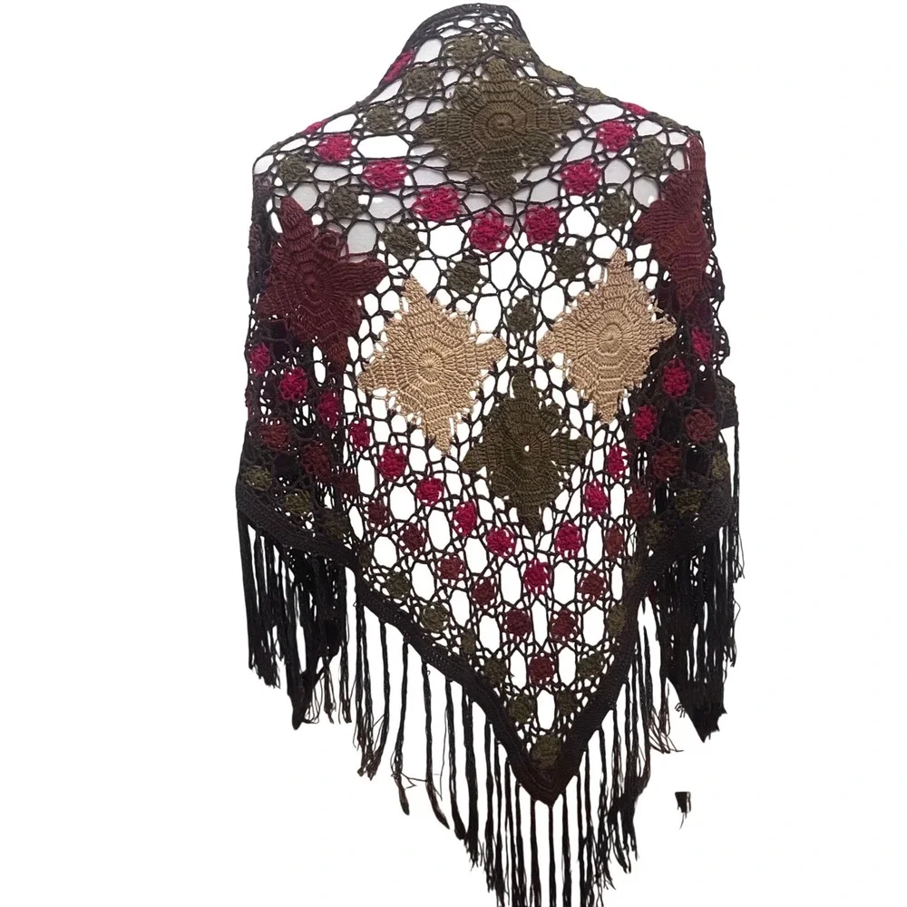 Boho Crochet Triangle Fringe Shawl Wrap‎ Earhtones Cottagecore Victorian Granny